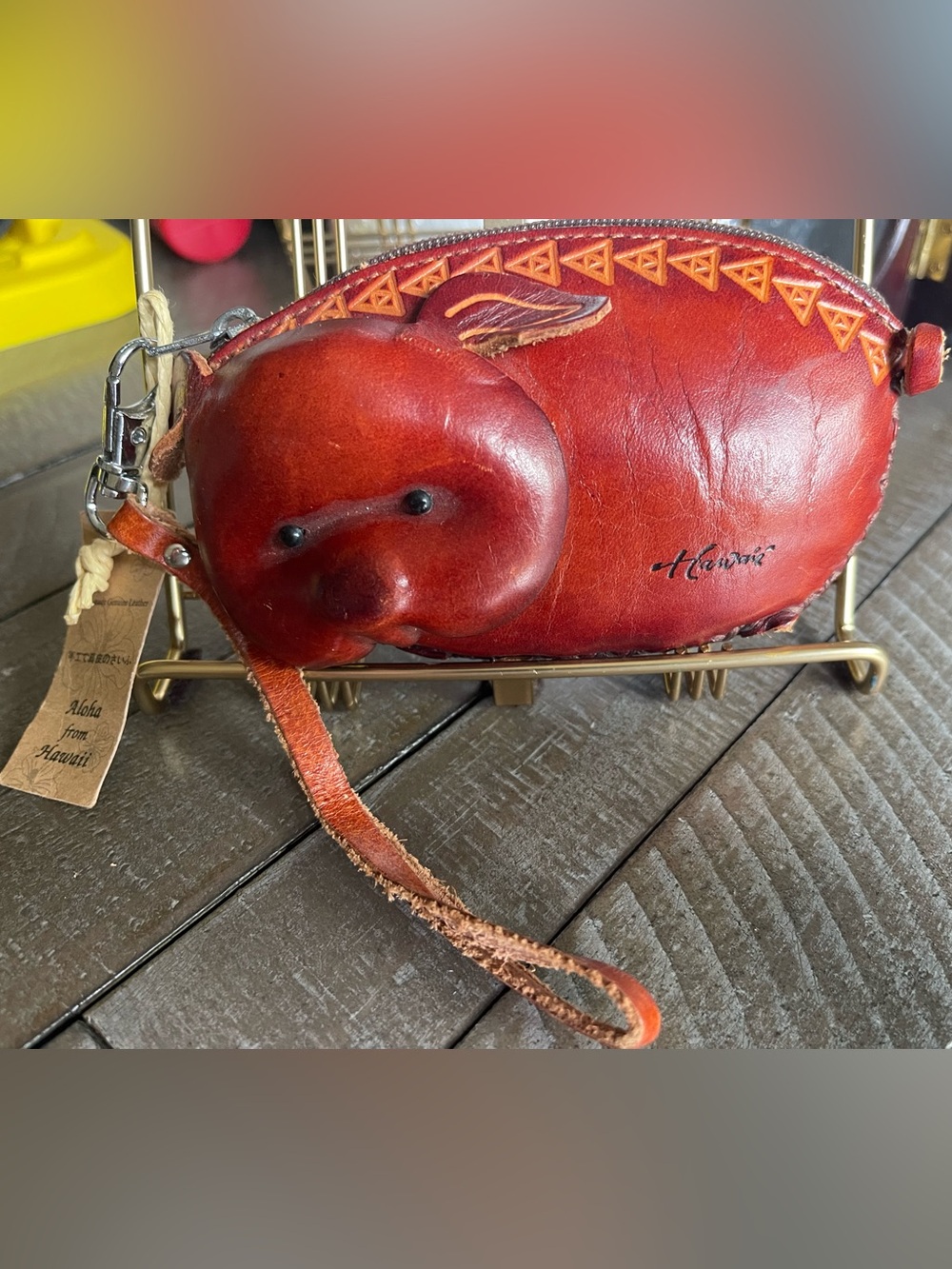 Handcrafted Red Leather piglet Wristlet Pouch